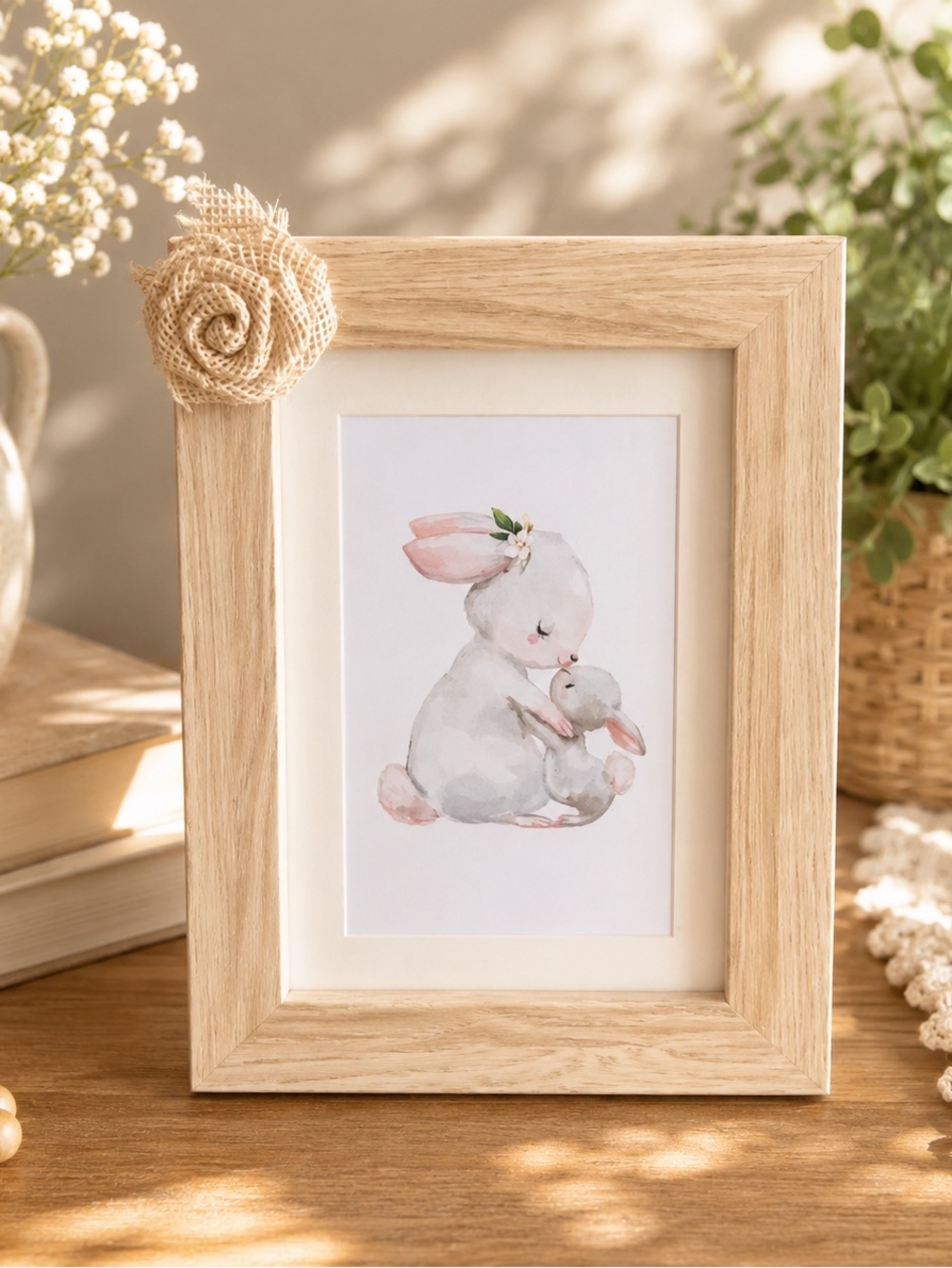 New Cute “Mother Rabbit and Bunny” in Light-Colored Wood Frame (Version E)